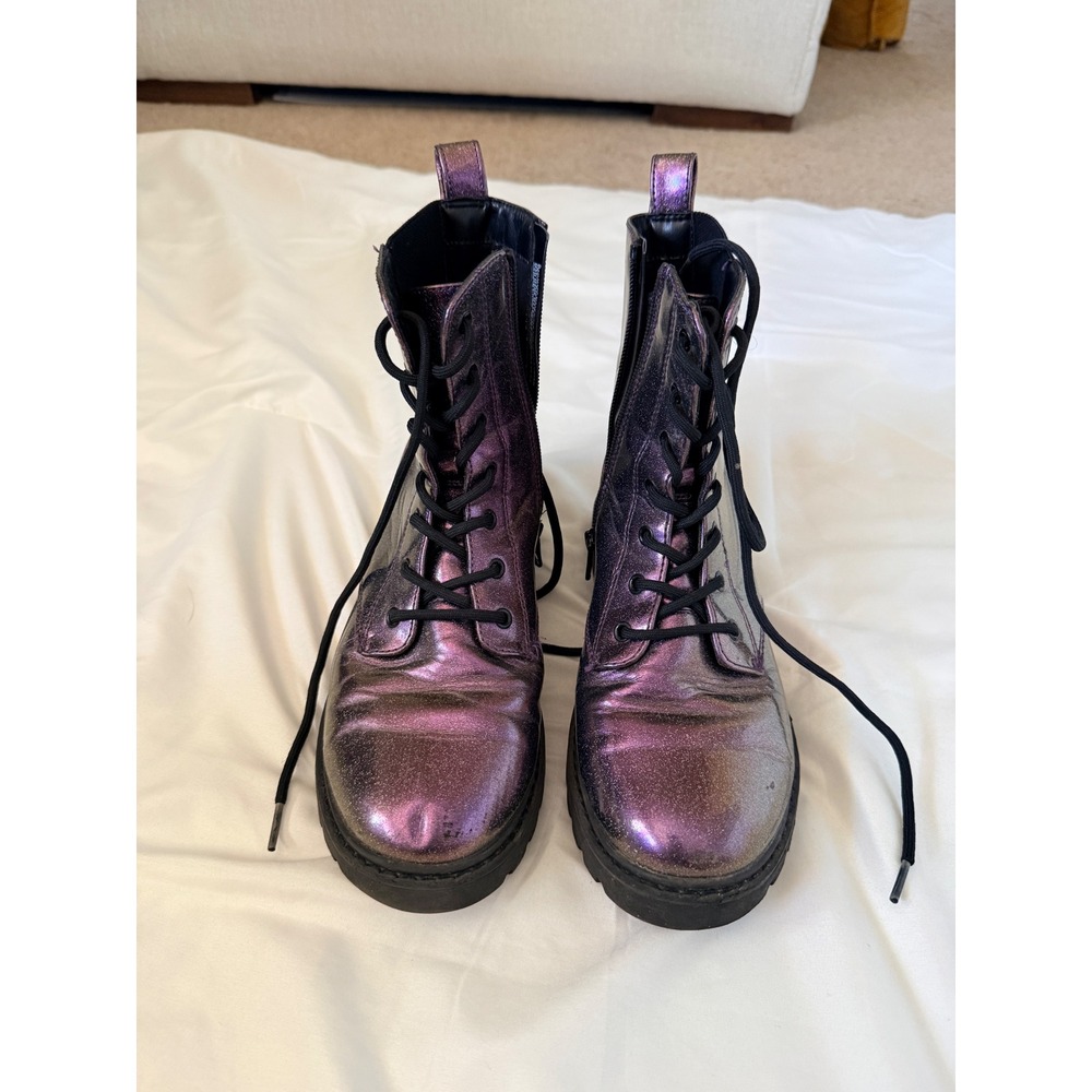 Purple Iridescent Glitter Combat Boots Side Zip Lug Sole Size 5